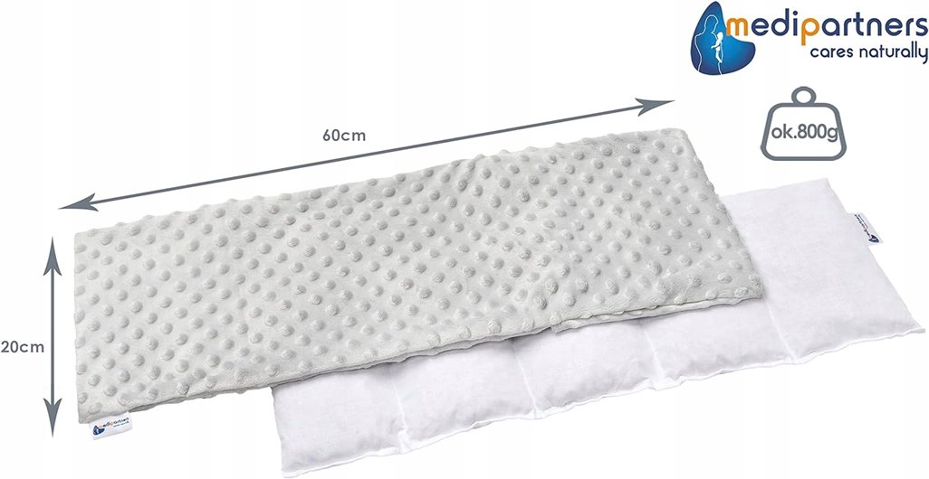 TERMOFOR Z PESTEK WIŚNI Z POKROWCEM MINKY SZARY EKOLOGICZNY DUŻY 20x60cm