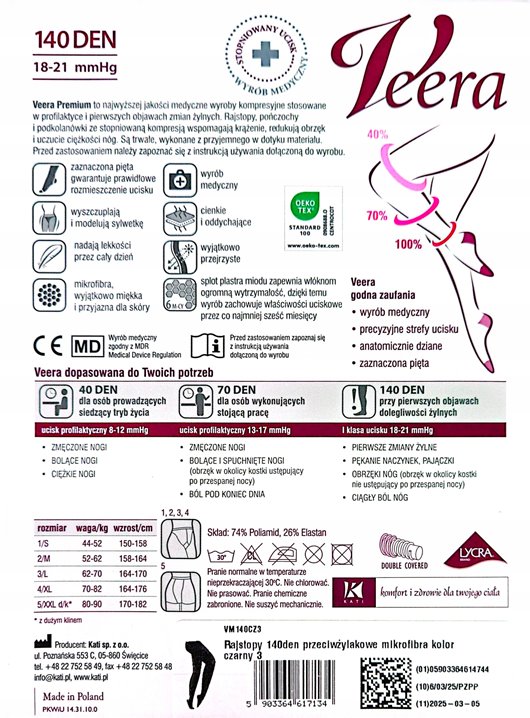 VEERA RAJSTOPY UCISKOWE PREMIUM MIKROFIBRA 140den 18-21mmHg CZARNE 3/L
