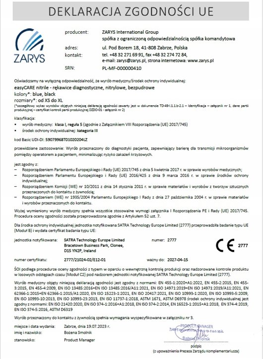 RĘKAWICZKI NITRYLOWE BEZPUDROWE EASYCARE ZARYS ROZMIAR L NIEBIESKIE 100szt