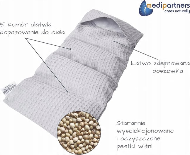TERMOFOR Z PESTEK WIŚNI Z POKROWCEM WAFEL SZARY EKOLOGICZNY DUŻY 20x60cm