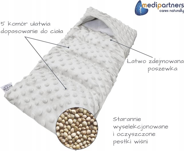 TERMOFOR Z PESTEK WIŚNI Z POKROWCEM MINKY SZARY EKOLOGICZNY DUŻY 20x60cm